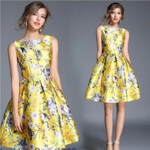 DUCHESS Yellow Owl Floral Print Pleated Sleeveless Dress NWOT